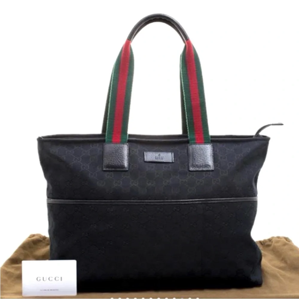Gucci Black Tote with Signature Red and Green Stripe Handles - Picture 1 of 13
